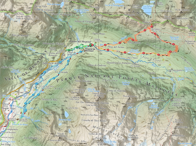 Cartografía | Mapa a escala 1:25.000 de los senderos en los Llanos del Hospital (Valle de Benasque). © UTM Desarrollos