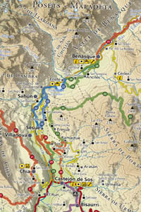 Cartografía | Detalle del mapa de la Comarca de la Ribagorza a escala 1:100.000 con la red de rutas Btt . © UTM Desarrollos