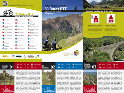 Cartografía | Portada y fichas con rutas (descripción, perfil y datos técnicos) en la trasera del mapa de la Comarca de la Ribagorza con la red de rutas Btt. © UTM Desarrollos