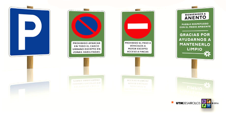 Señalización | Señales urbanas de código normalizado fabricadas en cartel de chapa galvanizada montadas sobre poste de madera tratada. © UTM Desarrollos