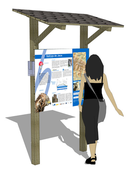 Señalización | Prototipo 3D de panel informativo de sendero GR con tejadillo a un agua. © UTM Desarrollos
